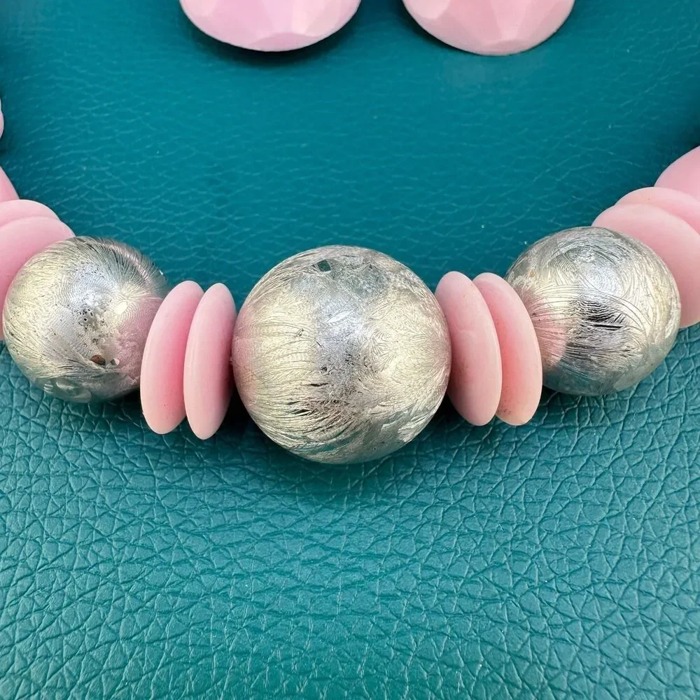 Vintage Necklace Earrings Set Pink Silver Tone Acrylic Chunky Bauble Bead Retro